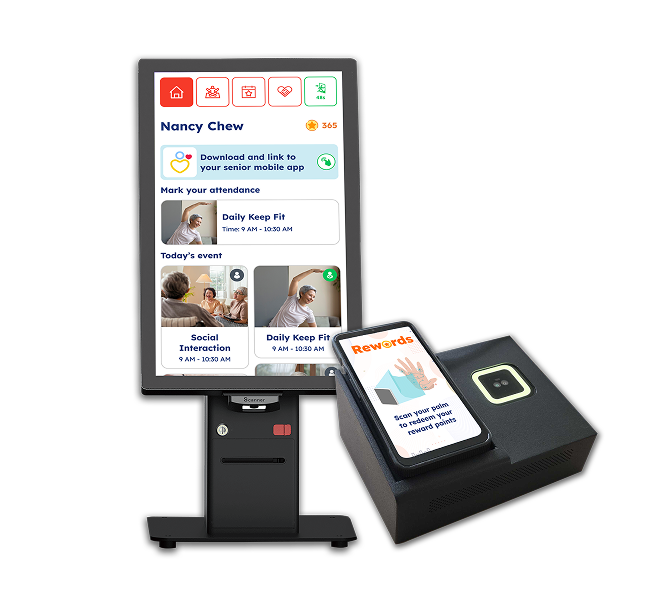 CaritaHub self-service kiosk and palm scanner in an Active Ageing Centre