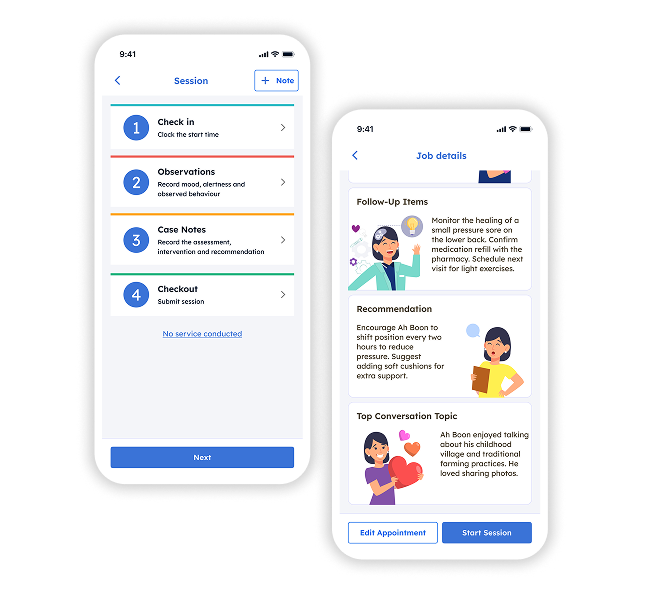 CaritaHub mobile app showing a session checklist and job details with follow-up items