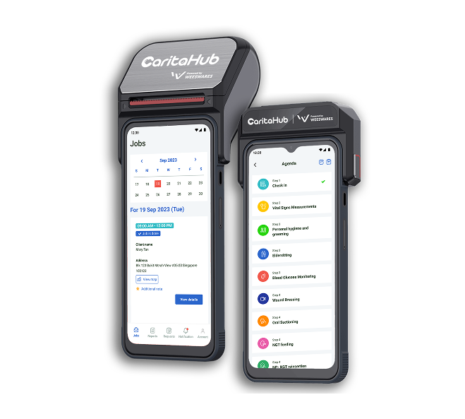 CaritaHub handheld printer and mobile app showing a home care job list and visit checklist
