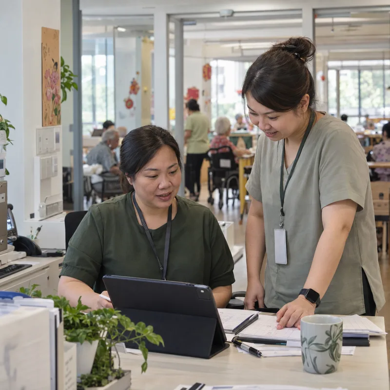 Two care staff coordinating a shift together on a tablet at an operations desk