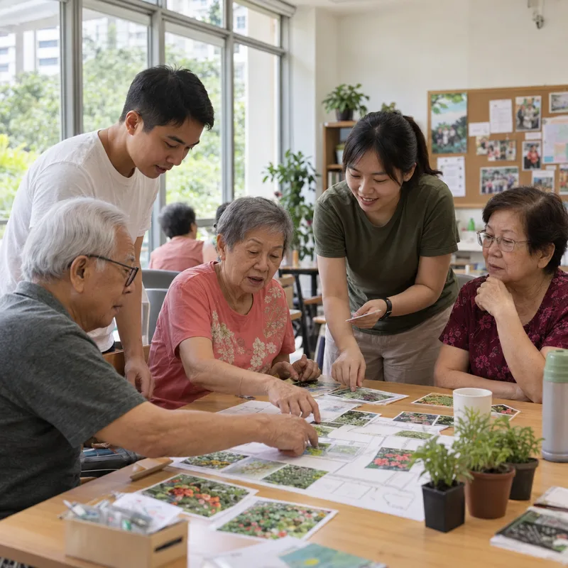 Community volunteers painting with older adults at a senior centre