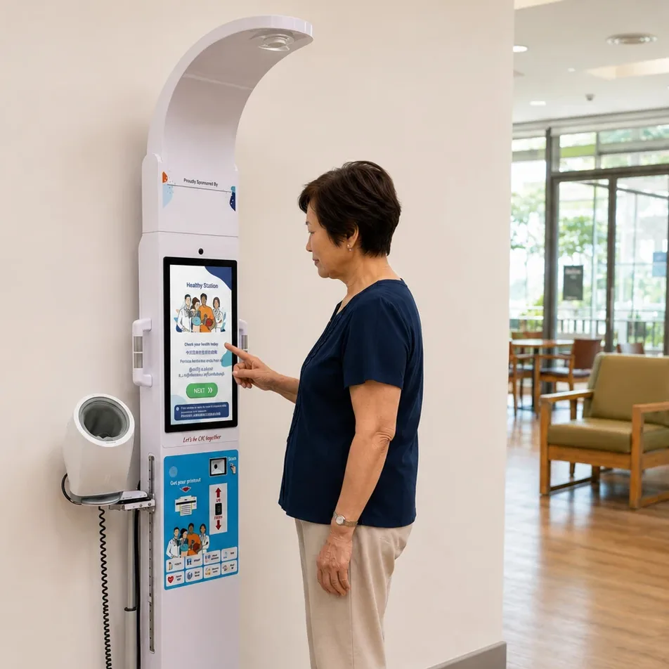 An older woman independently checking in at an accessible touchscreen kiosk in an active ageing centre