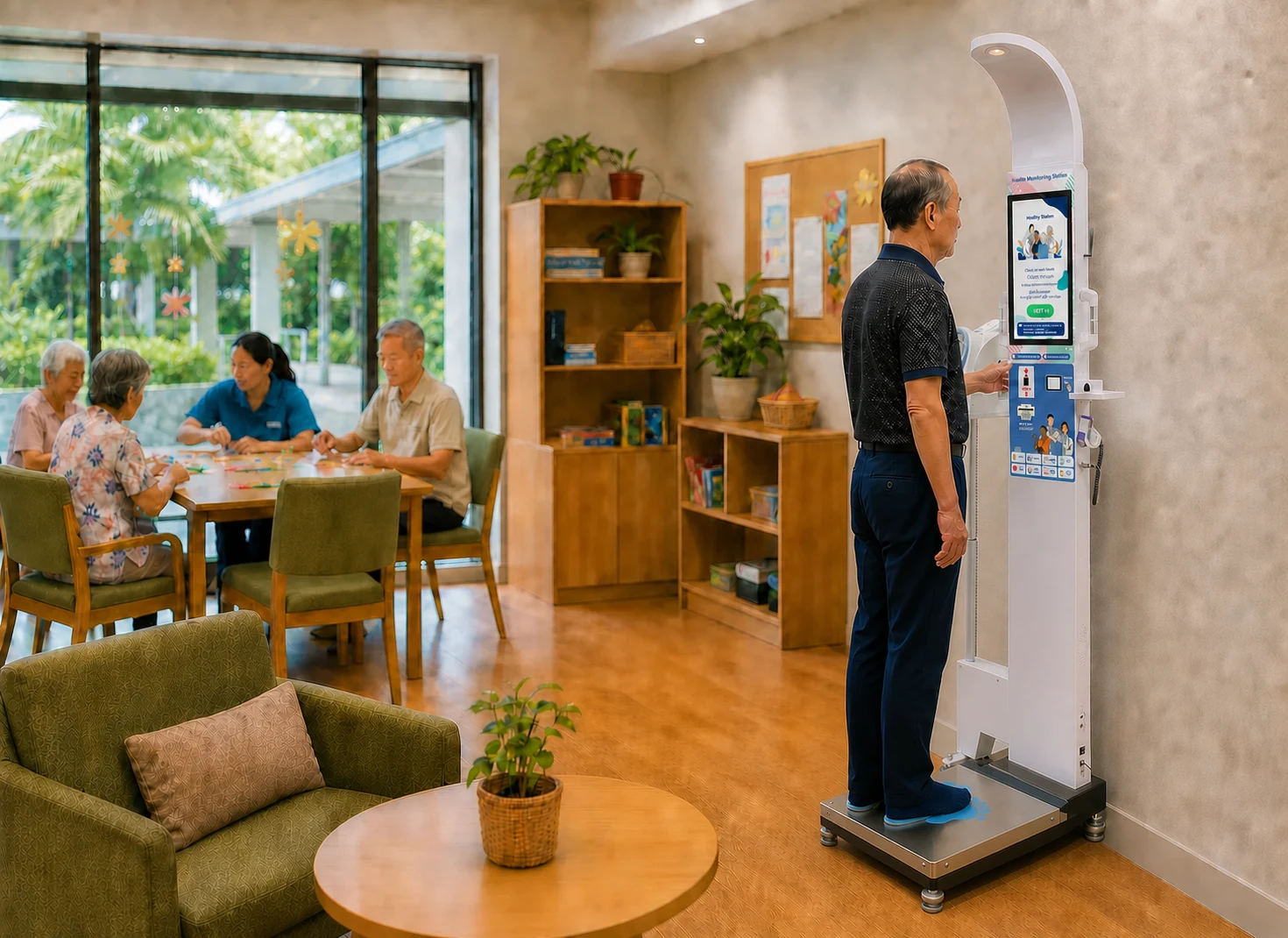 Three-quarter view of an older man standing correctly on the CaritaHub Health Monitoring Station platform in an active Singapore senior care room